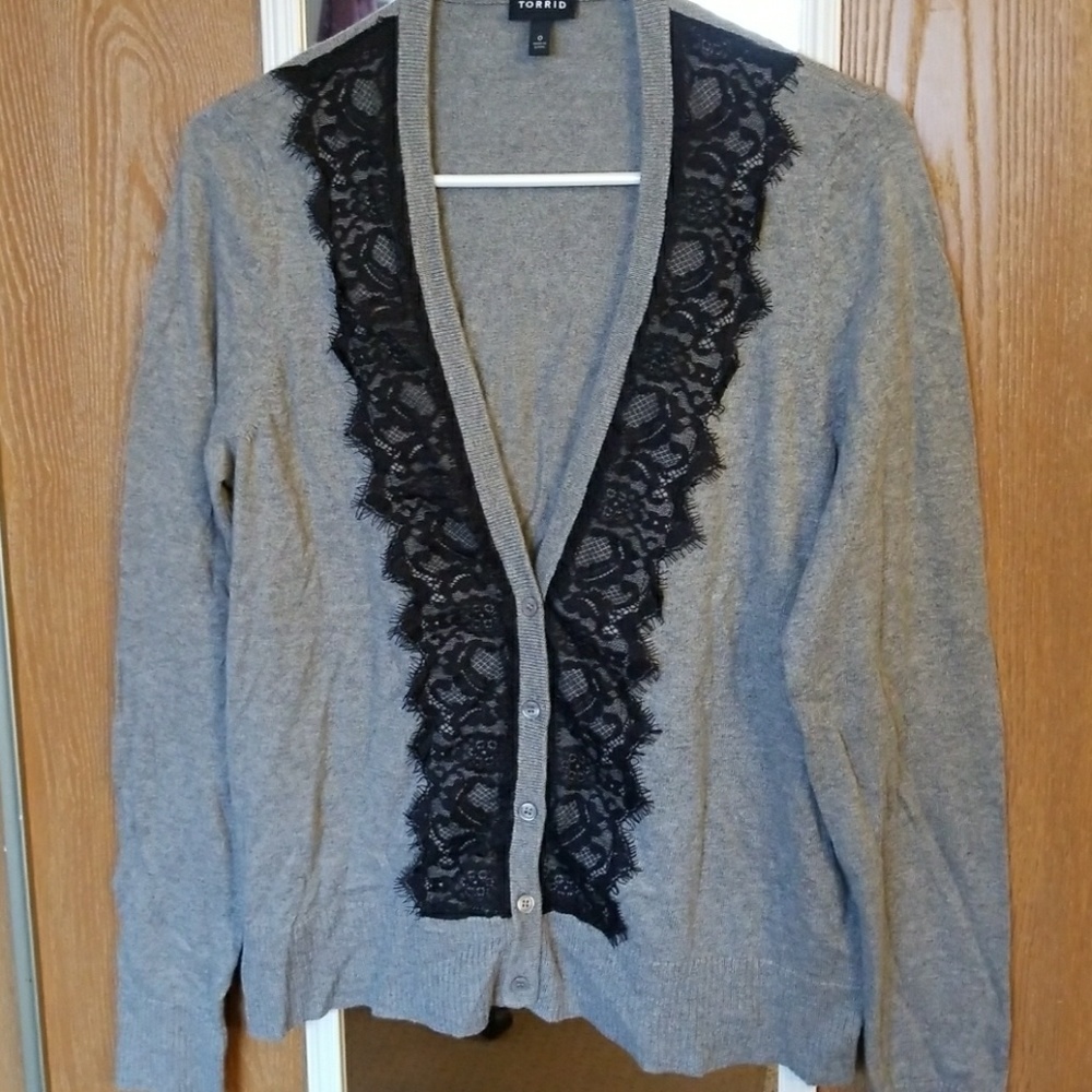 Torrid Lace Front Black/Gray Cardigan Sweater